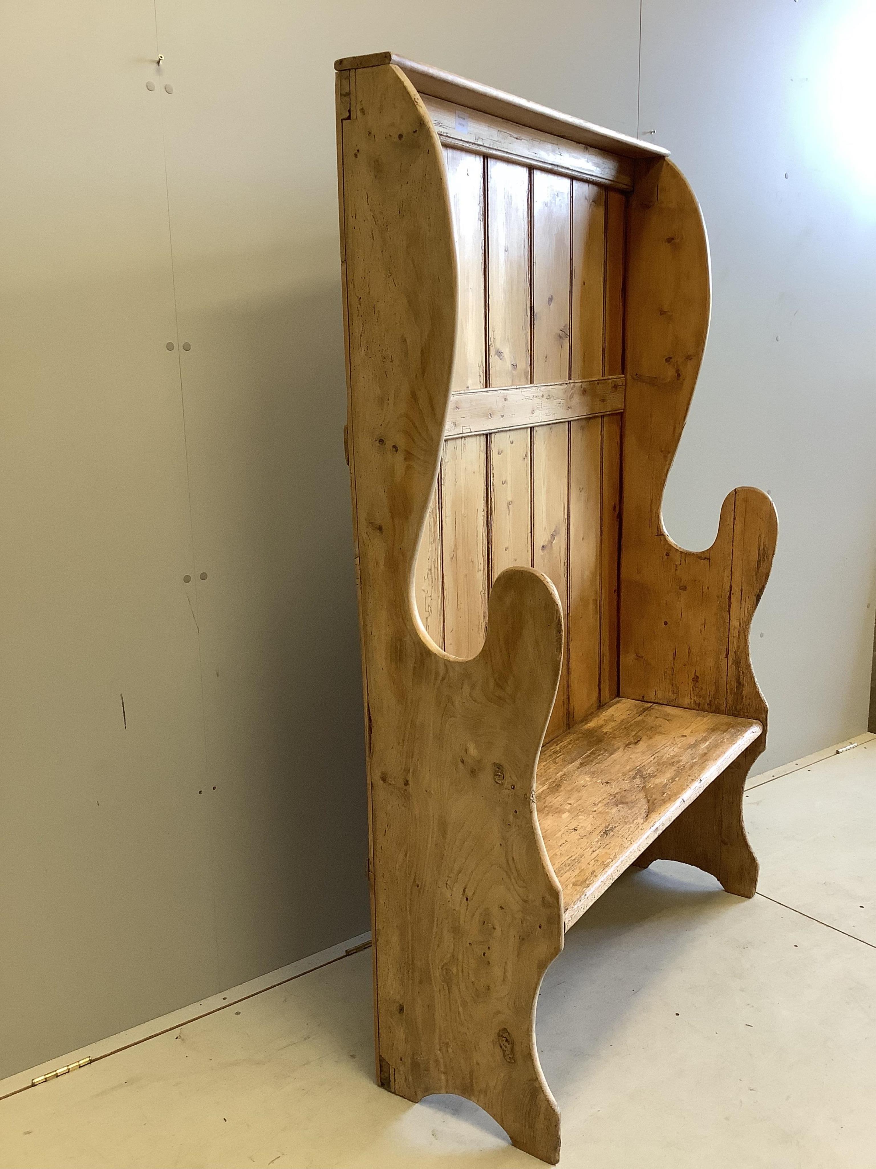 A Victorian pine high back boarded settle, width 104cm, depth 38cm, height 172cm. Condition - fair